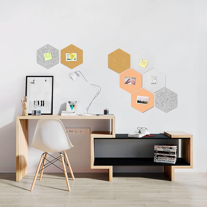 12" Large Bulletin Board with 30 Push Pins, Pack of 8 Hexagon Felt Pin Board Notice Boards for Home Office Kitchen, Felt Wall Tiles for Photos Memos (White Yellow)