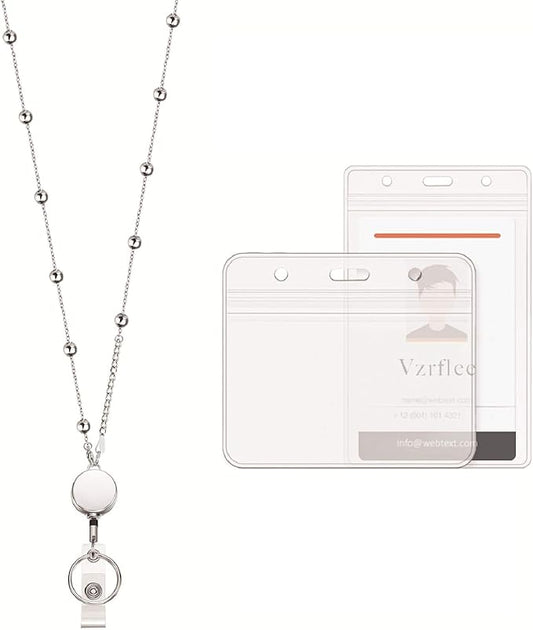 Retractable Badge Reel Lanyard with 2 Pieces ID Holder for Women, Vzrflee Fashion Beaded Chain Premium Stainless Steel Lanyard Necklace Water Resistant Name Badge Holder
