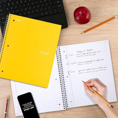 Five Star Spiral Notebook + Study App, 5 Subject, Wide Ruled Paper, Fights Ink Bleed, Water Resistant Cover, 8" x 10-1/2", 200 Sheets, Harvest Yellow (73469)