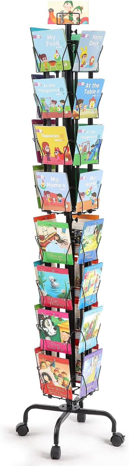 VEVOR Card Display Stand, 32-Slot Rotatable Postcard Holder, 360-Degree Spin with Title Clip & 4 Casters (2 with Brakes) for Office, Exhibits, and Fairs