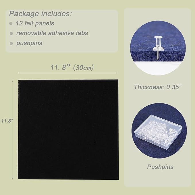 LAJAR Large Felt Wall Tiles, 12 Pack Cork Board Alternative with Removable Adhesive Tabs, Bulletin Pin Boards for Office, School and Home (Black)