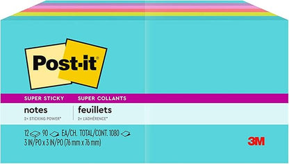 Post-it Super Sticky Notes, 12 Sticky Note Pads, 3 x 3 in., School Supplies, Office Products, Sticky Notes for Vertical Surfaces, Monitors, Walls and Windows, Supernova Neons Collection