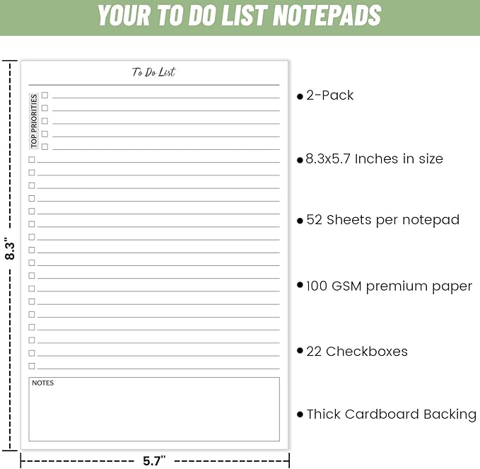 TO DO List Notepad, Note Pads 2 Pack, 8.3” X 5.7”52 Sheets TO DO List Notebook, Do List Notepad with checklist, Top priority, Note, Regular To Do Section for Planner & Organizer, Notepads for Work