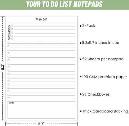TO DO List Notepad, Note Pads 2 Pack, 8.3” X 5.7”52 Sheets TO DO List Notebook, Do List Notepad with checklist, Top priority, Note, Regular To Do Section for Planner & Organizer, Notepads for Work