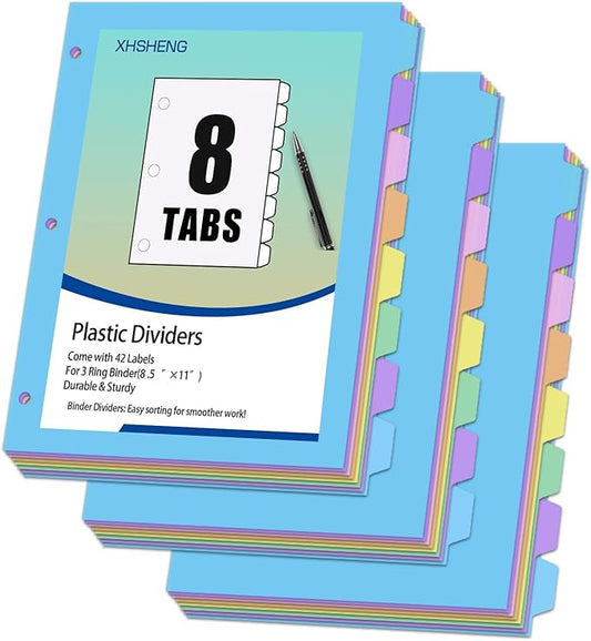 24Pcs/3 Sets Binder Dividers for 3 Ring Binder,8 Tab Plastic Dividers with Tabs, Pastel Color File Dividers, Notebook Dividers for School, Office