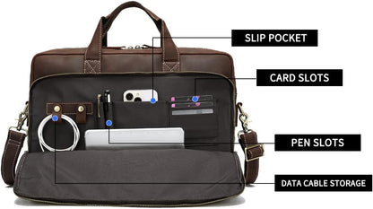 Full Grain 17.3" Leather Briefcase Messenger Laptop Bag For Men