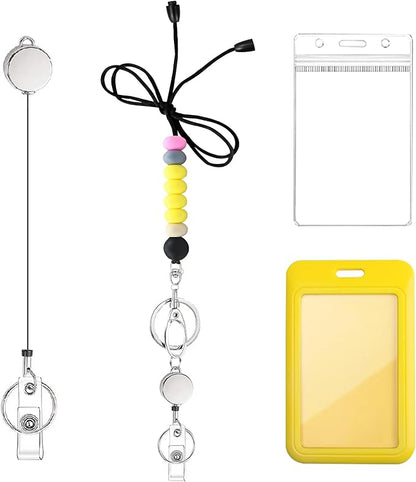 Colorful ID Badge Holder with Silicone Beads Lanyard Set,Cute Teacher Breakaway Lanyard for Keys & Keychain with Cute Retractable Badge Reel Holder,Gift for Women,Nurse, Teacher. (4 Yellow)