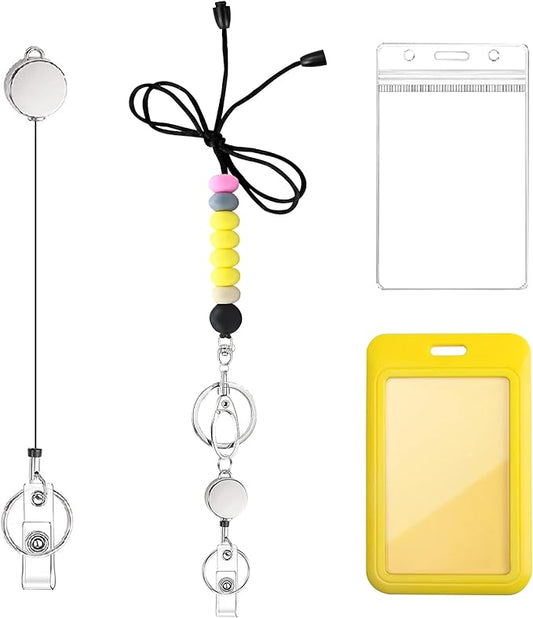 Colorful ID Badge Holder with Silicone Beads Lanyard Set,Cute Teacher Breakaway Lanyard for Keys & Keychain with Cute Retractable Badge Reel Holder,Gift for Women,Nurse, Teacher. (4 Yellow)