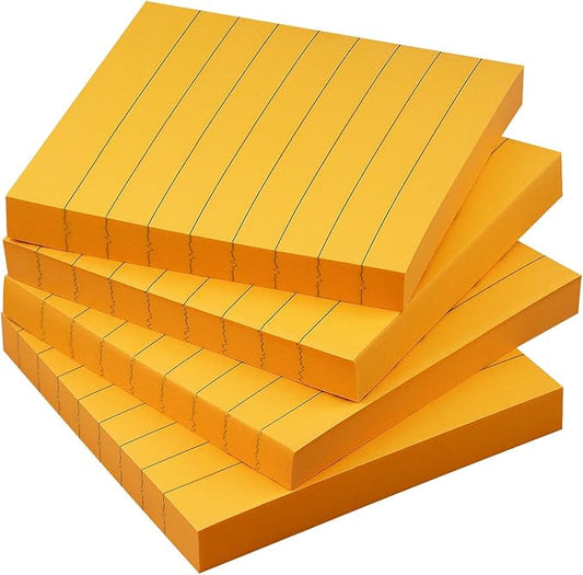 Lined Sticky Notes 3x3 Sticky Notes with Lines Self-Stick Notes Bright Color 4 Pads 90 Sheets/Pad (Orange)