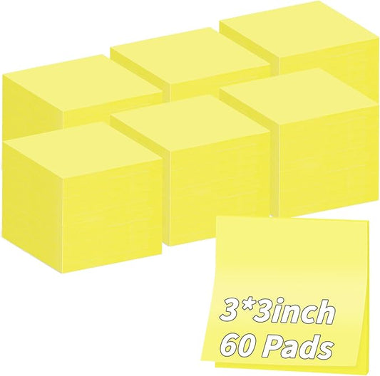 60 Pack Sticky Notes Bulk 3x3,Canary Yellow Sticky Pads Blank Notes Self-Stick Notes, Easy to Post for Teacher Student School Office Meeting Blank Desk Pads,75 Sheets/Pad,Total 4500 Sheets