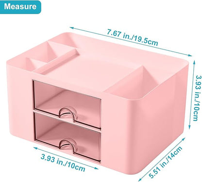 Pen Holder with Drawer, Office Desk Pen Organizer Multi-Functional Pencil Cup Makeup Brush Holder Cup Storage Office Business Card Pen Pencil Mobile Phone Stationery Holder Storage Box Pink