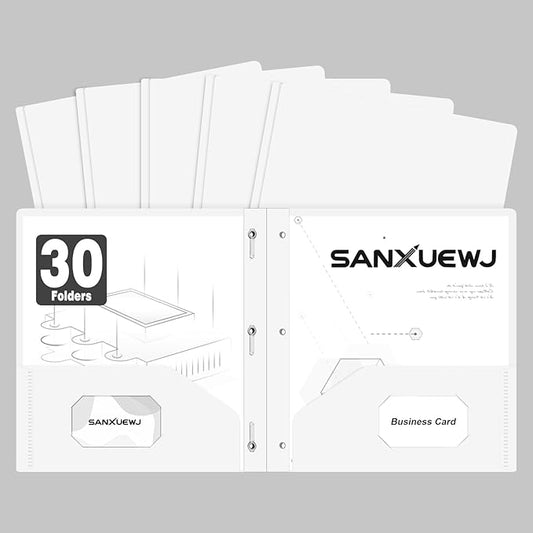 Folders with Pockets,SANXUEWJ 30 Pack Two Pocket Folders Business Card Holder Plastic Folders with Prongs for School Office Filing Cabinet Resume Portfolio (White)