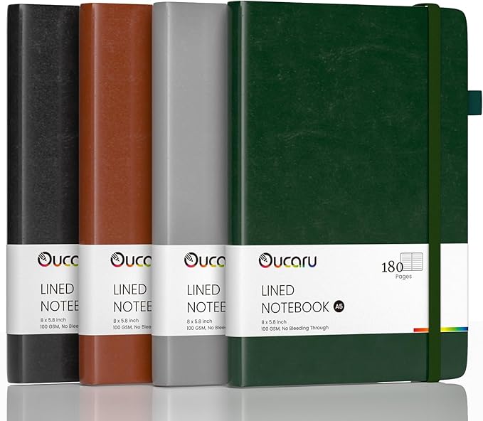Lined Journal Notebook, 4 Pack, 180 Pages, A5 Journals for Writing, 100 GSM Thick Paper, Small Notebooks Daily Journal for Women Men Work, Business, School, Travel Supplies