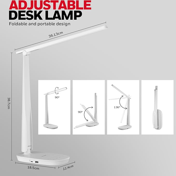 Honeywell Sunturalux™ LED Desk Lamp Dimmable Desk Light with USB A+C Dual Charging Port Eye-Caring Foldable Table Lamp with 4 Color Modes for Home Office Bedroom Reading Study Work HWT-H2W White