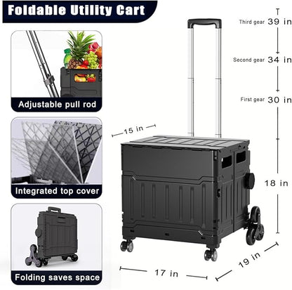 Foldable Utility Cart with Stair Climbing Wheels,Folding Portable Rolling Crate Handcart with Aluminium Alloy Telescoping Handles, Handcart for Grocery Book File Tool Art Supplies