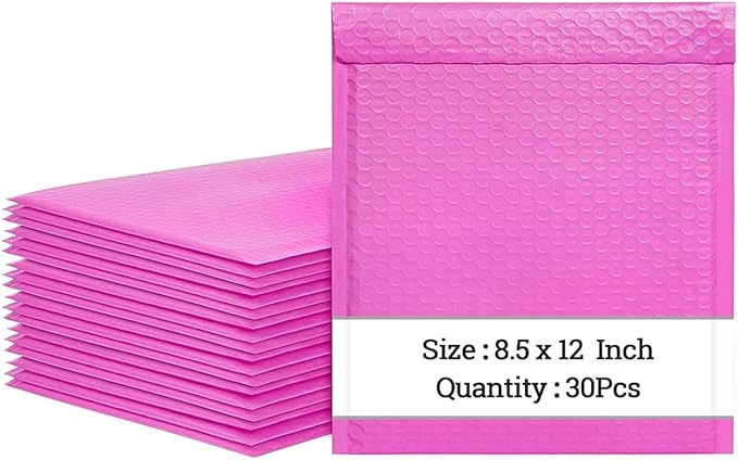 8.5 x 12 Inch Bubble Mailers, 30 Pack Self-Seal Poly Padded Envelope, Waterproof Shipping Bags for Small Business, Hot Pink