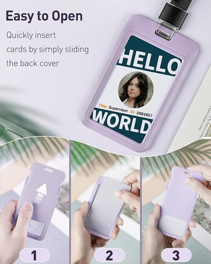 Uniclife 3 Pack Sliding ID Badge Holder Vertical Hard Plastic Case with Clear Window Light-Purple Card Protector for Office School ID Credit Cards Proximity Key Cards Driver’s Licenses and Passes