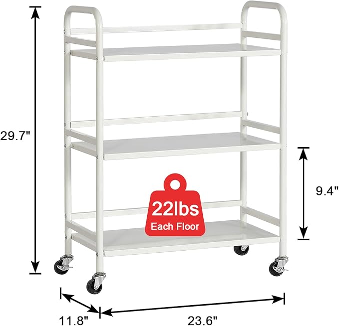 GYCZYCX 3-Tier Rolling Cart,Utility Cart,Kitchen Cart on Wheels,Organizing Cart with Storage,Rolling Shelves with Wheel,Metal Craft Cart for Kitchen,Bathroom,Living Room,Bar,Office(White)