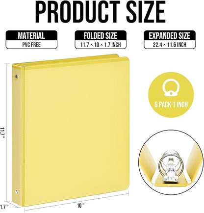 3 Ring Binder 1 Inch, IntoJoy 6 Pack Clear View 3 Hole Binder PVC-Free Fits 8.5x11 Inch Paper Flexible Round Ring Binders for School Office Home Binder Supplies (Yellow)