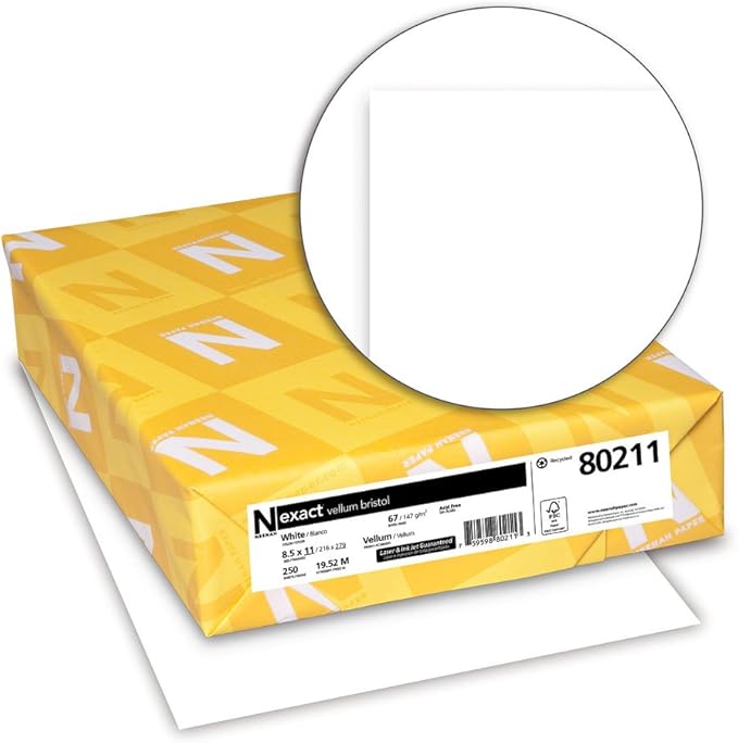 Neenah Exact Vellum Bristol, 8.5" x 11", 67 lb/147 gsm, White, 94 Brightness, 250 Sheets (80211) & Astrobrights/Neenah Bright White Cardstock, 8.5" x 11", 65 lb/176 gsm, White, 75 Sheets (90905-02)