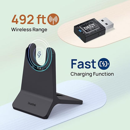 Yealink WH64 Hybrid with DECT Dongle & Charging Stand, 492ft Range, 32 Talk Time Bluetooth Headset for Teams, Zoom Skype UC Certified, Noise Cancelling Headset with 3X Mic, Work Headset for PC Phone