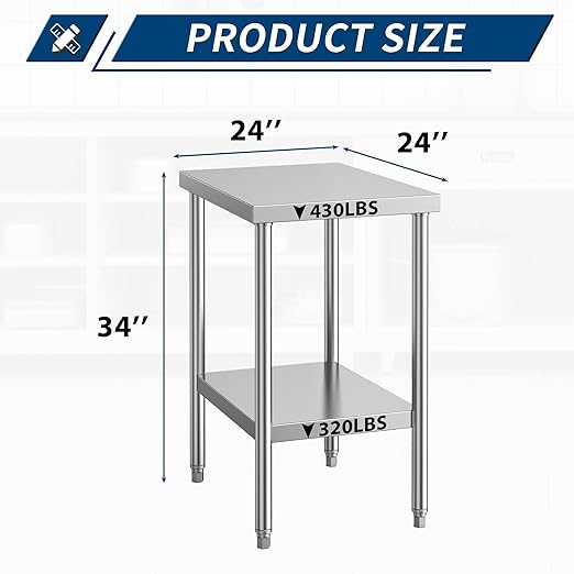 Stainless Steel Table for Prep & Work with Wheels 24 x 24 Inches, NSF Commercial Heavy Duty Food Prep Worktable with Undershelf for Restaurant, Home and Hotel Christmas Preparation Table