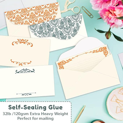 Anzon Mories 96 Piece Stationary Set (64 Sheet Paper and 32 Envelope) Both Side Line Vintage Ivory Lace pattern 2 Color Navy Orange Gold border Stationery Letter Writing Paper 8.5 x 11 In College Rule