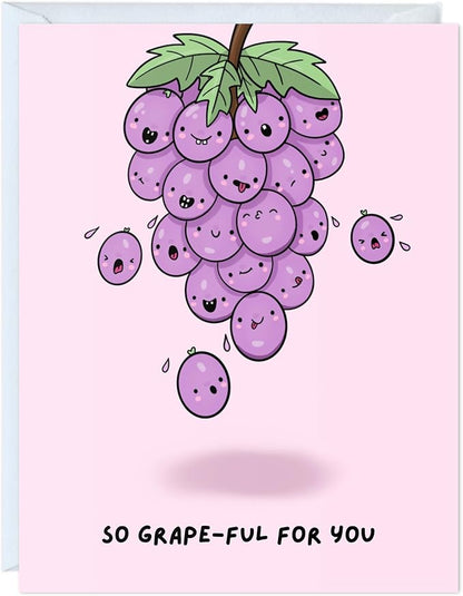 ALY LOU Cute Thank You Card, Thank U Greeting Note Card for Business, Teacher, Wedding, Birthday, Baby Shower, Blank Inside (So Grape-ful For You)