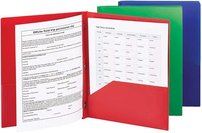 Smead Poly Two-Pocket Folder, Three-Hole Punch Prong Fasteners, Letter Size, Assorted Colors, 3 per Pack (87737)