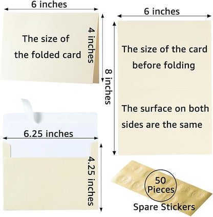 Wishop 50 Pack Shiny Self-Adhesive Envelopes with Shiny Fold Cards for Wedding Invitations, Greeting Cards, Baby Shower, Letter Mailing (Cream Color, 4x6)