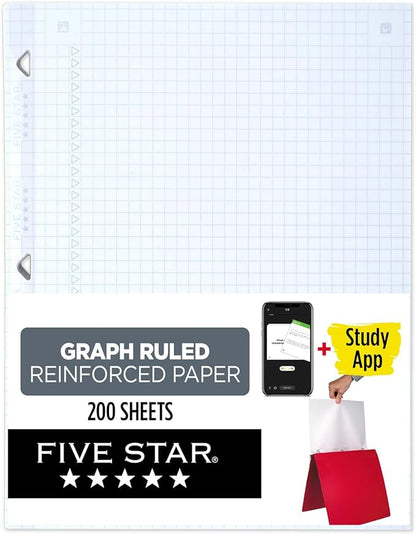 Five Star Loose Leaf Paper + Study App, Notebook Paper, Graph Ruled Filler Paper, Reinforced, 8-1/2" x 11", 200 Sheets per Pack (170055-ECM)
