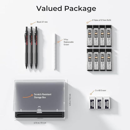 Nicpro 0.7 mm Mechanical Pencil Set with Case, 3 Metal Artist Pencil With 8 Tube HB Lead Refills, 3 Erasers, 9 Eraser Refills For Architect Art Writing Drafting Drawing, Engineering, Sketching, Black