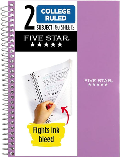 Five Star Spiral Notebook, 2 Subject, College Ruled, 9 1/2" x 6" 80 Sheets, Amethyst Purple (840029CF1-ECM)