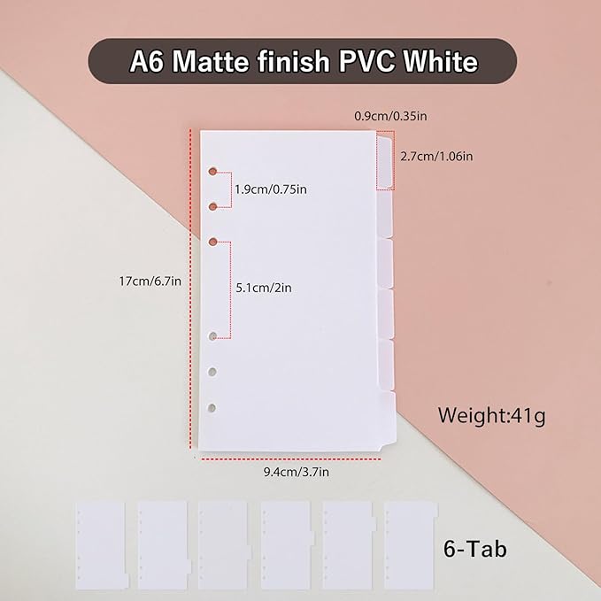 DY.2ten White Binder Dividers for 6-Holes Ring Binder, 1/6 Cut Tabs, A6 Size, Sturdy Plastic Dividers with 6 Tabs for School Office Home, 2 Sets, 12 Dividers, 2 Tab Stickers.