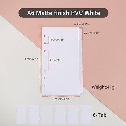 DY.2ten White Binder Dividers for 6-Holes Ring Binder, 1/6 Cut Tabs, A6 Size, Sturdy Plastic Dividers with 6 Tabs for School Office Home, 2 Sets, 12 Dividers, 2 Tab Stickers.