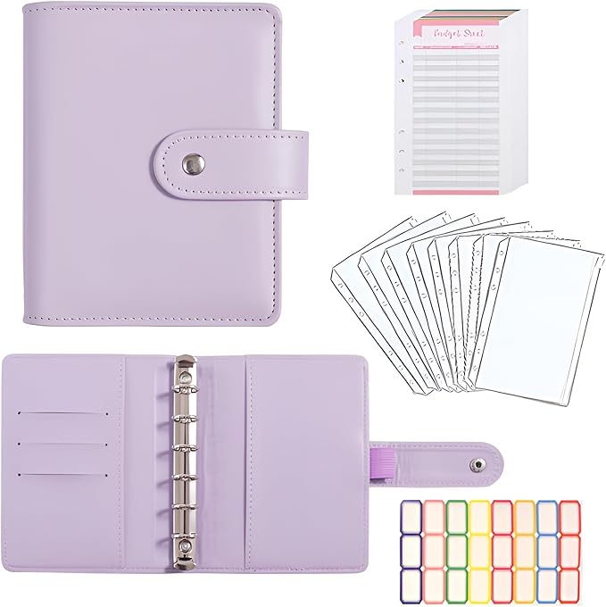 A7 Budget Binder Set - Mini Money Organizer for Cash Saving, Cash Stuffing Envelope System, Planner Binders with Pockets, Sheets and Stickers, Purple