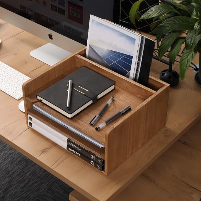 3 Tier Desktop Letter Tray for Office Desk Organizer and Accessories - Wood File Folder Holder for Paper Document Organizer Mail Sorter Workspace Counter Storage Book Shelf Light WJJ3K-LT