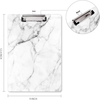 WAVEYU Clipboard, Cute Decorative Letter Size Clipboard Low Profile Paperboard Chic Design Clipboard for Students Nurse School, Home, or Office Supplies(12.5"x9"), White Marble