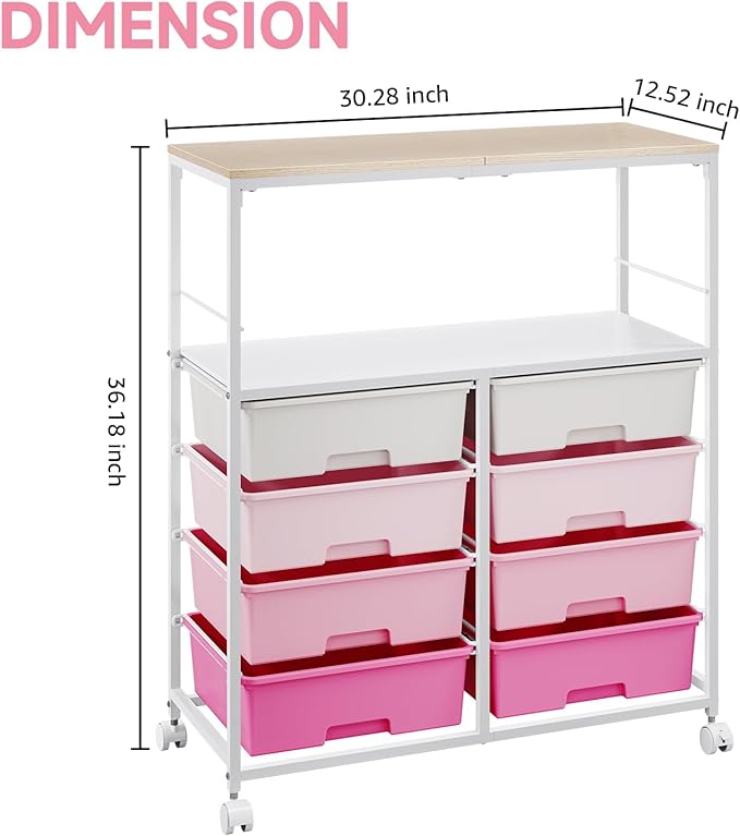 8 Drawers Rolling Storage Cart with Wooden Top, Multipurpose Utility Cart with Opening Shelf & Lockable Wheels, Storage Drawer Cart Organizer for Home Office Craft Room Classroom, Pink