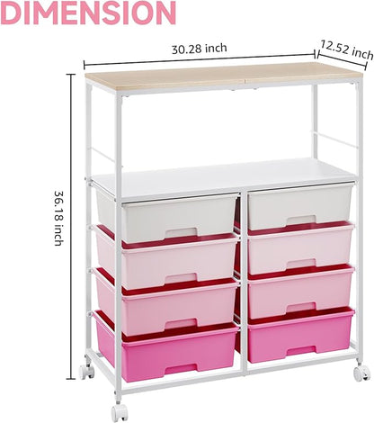 8 Drawers Rolling Storage Cart with Wooden Top, Multipurpose Utility Cart with Opening Shelf & Lockable Wheels, Storage Drawer Cart Organizer for Home Office Craft Room Classroom, Pink