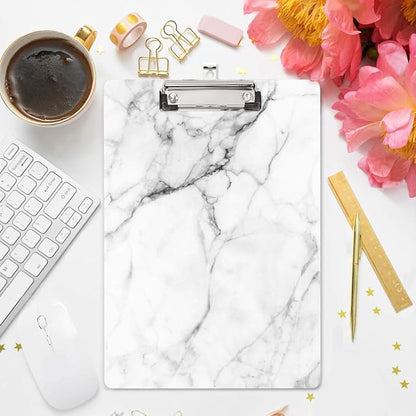 WAVEYU Clipboard, Cute Decorative Letter Size Clipboard Low Profile Paperboard Chic Design Clipboard for Students Nurse School, Home, or Office Supplies(12.5"x9"), White Marble