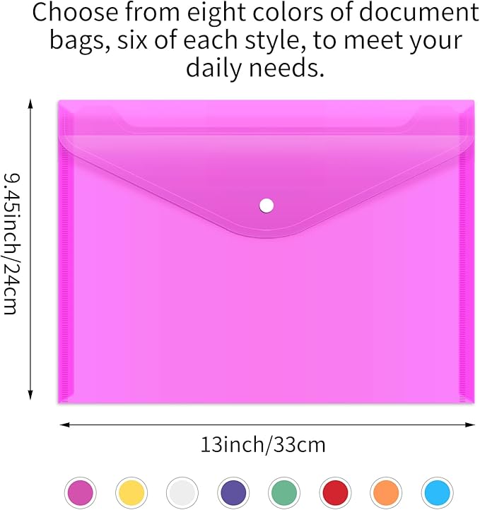 EOOUT 48 Pack Plastic Envelopes Poly Envelopes with Snap Closure, Clear Document File Folders, A4 Letter Size for School Home Work Office Organization, 8 Colors