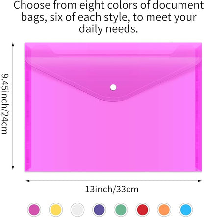 EOOUT 48 Pack Plastic Envelopes Poly Envelopes with Snap Closure, Clear Document File Folders, A4 Letter Size for School Home Work Office Organization, 8 Colors