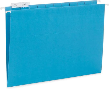 25 Blue Summit Supplies Assorted Colored Hanging File Folders Letter Size with Plastic Tabs, 12pt Paper Construction, Durable for Office Filing