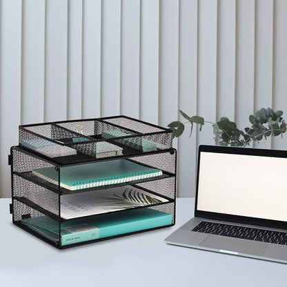 EASEPRES Paper Organizer Tray, 3 Tier Mesh Desk File Organizer Letter Sorter Holder with Drawer for Home Office, Black