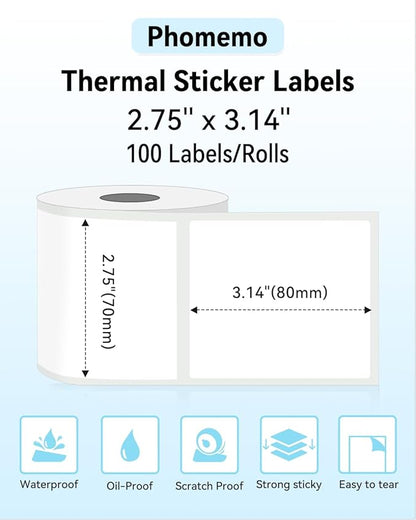 Phomemo M220 Labels-Thermal Sticker Labels 2.75''x3.14''(70x80mm) Thermal Label for M221/M220/M200, for Barcode/Address/Mailing/Logo/Business/Home Tag