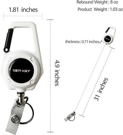 Retractable Keychain Heavy Duty, Multitool Carabiner Badge Holder, Retractable Keychain Clip Id Holder, Tactical ID Badge Reel with 29.5" Steel Retractable Cord, 2Pack White
