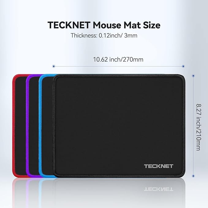 TECKNET Mouse Pad with Anti-fray Stitching, Waterproof Surface & Non-Slip Rubber Base with Stitched Edges Gaming Mouse Mat for Laptop，Compatible with Laser and Optical Mice - Black