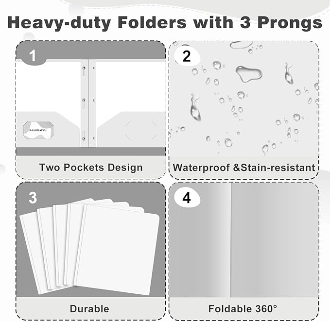 Folders with Pockets,SANXUEWJ 30 Pack Two Pocket Folders Business Card Holder Plastic Folders with Prongs for School Office Filing Cabinet Resume Portfolio (White)
