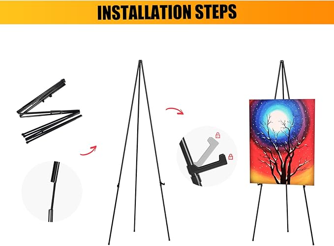 Thicken Display Artist Easel Stands - 63" Instant Tripod Collapsible Portable Floor Easels - Easy Folding Adjustable Art Poster Metal Stands for Display Show, Wedding, Painting - Black 2pack